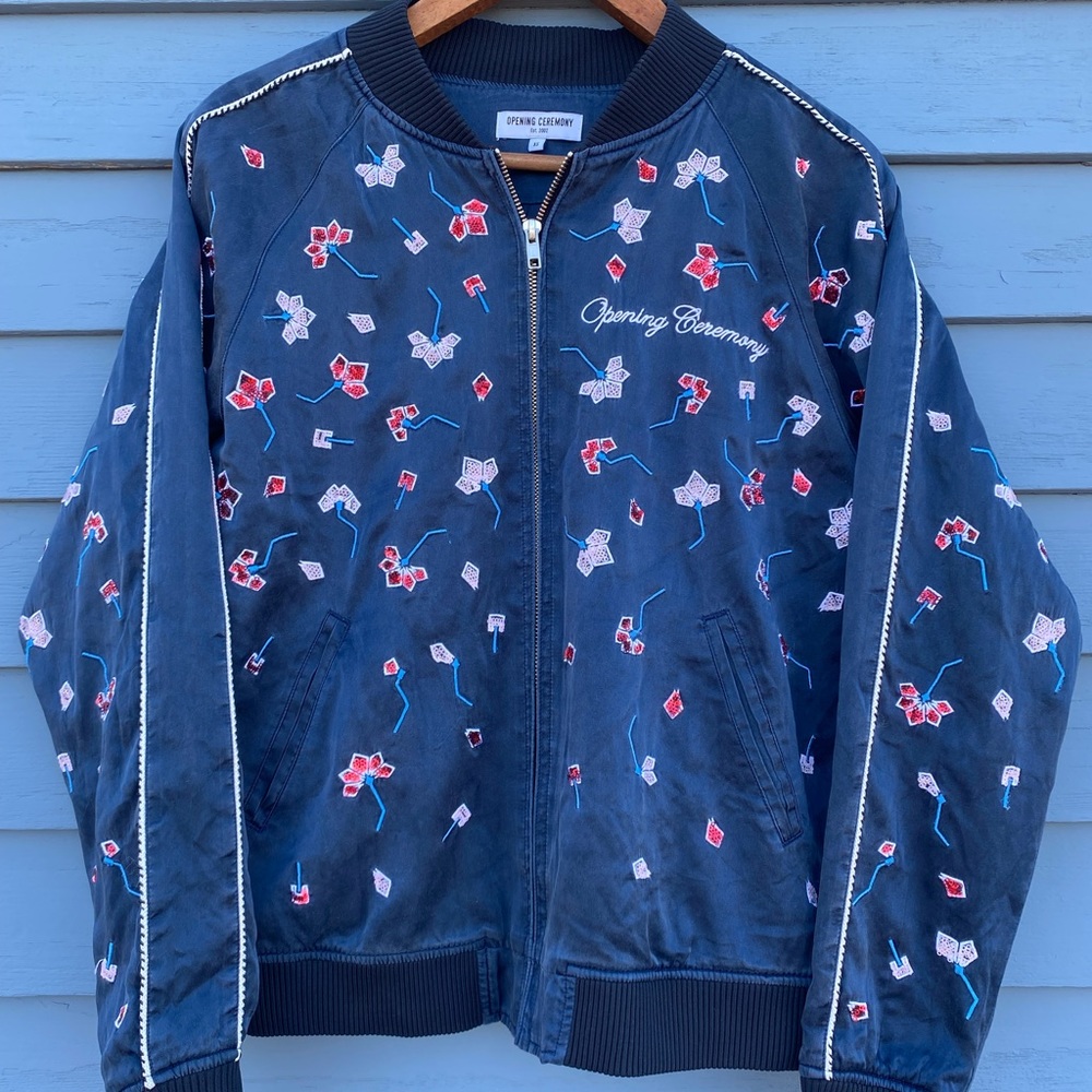 Womens Opening Ceremony Embroidered Silk Bomber Jacket XS Navy Floral Jeweled